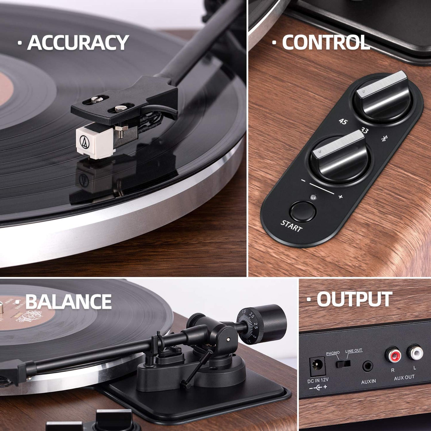 1 by ONE High Fidelity Belt Drive Turntable with Built-in Speakers, Vinyl Record Player with Magnetic Cartridge, Bluetooth Playback and Aux-in Functionality, Auto Off