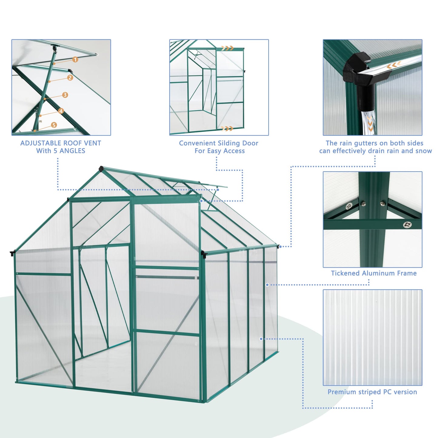 LUSPAZ 6x8 FT Outdoor Patio Greenhouse, Adjustable Roof Vent abd Rain Gutter for Plants, Clear Polycarbonate Panels Greenhouse, Garden Greenhouse for Winter Garden Backyard