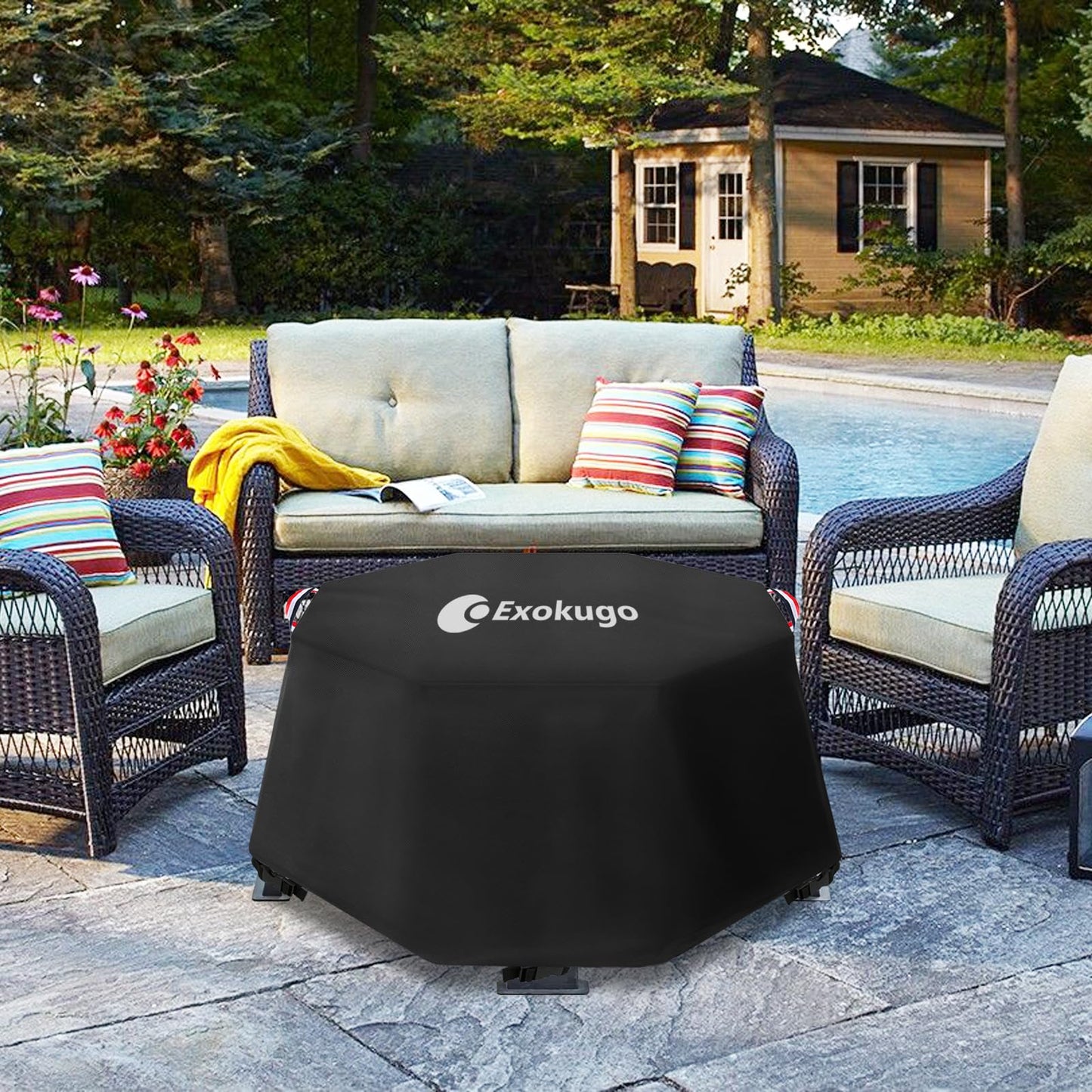 Exokugo Octagonal Fire Pit Cover,Heavy Duty Waterproof 600D Outdoor Wood Burning Octagonal Fire Pit Cover,Outside 35 Inch Octagonal FirePit Covers.Black.