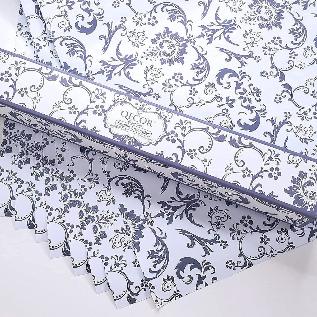 QECOR Eight (8) Large Scented Drawer and Shelf Liners - Royal Damask Pattern - 14 x 19½ Inch Sheets - Non-Adhesive Paper Sheets for Closet Shelves and Dresser Drawers (English Lavender)