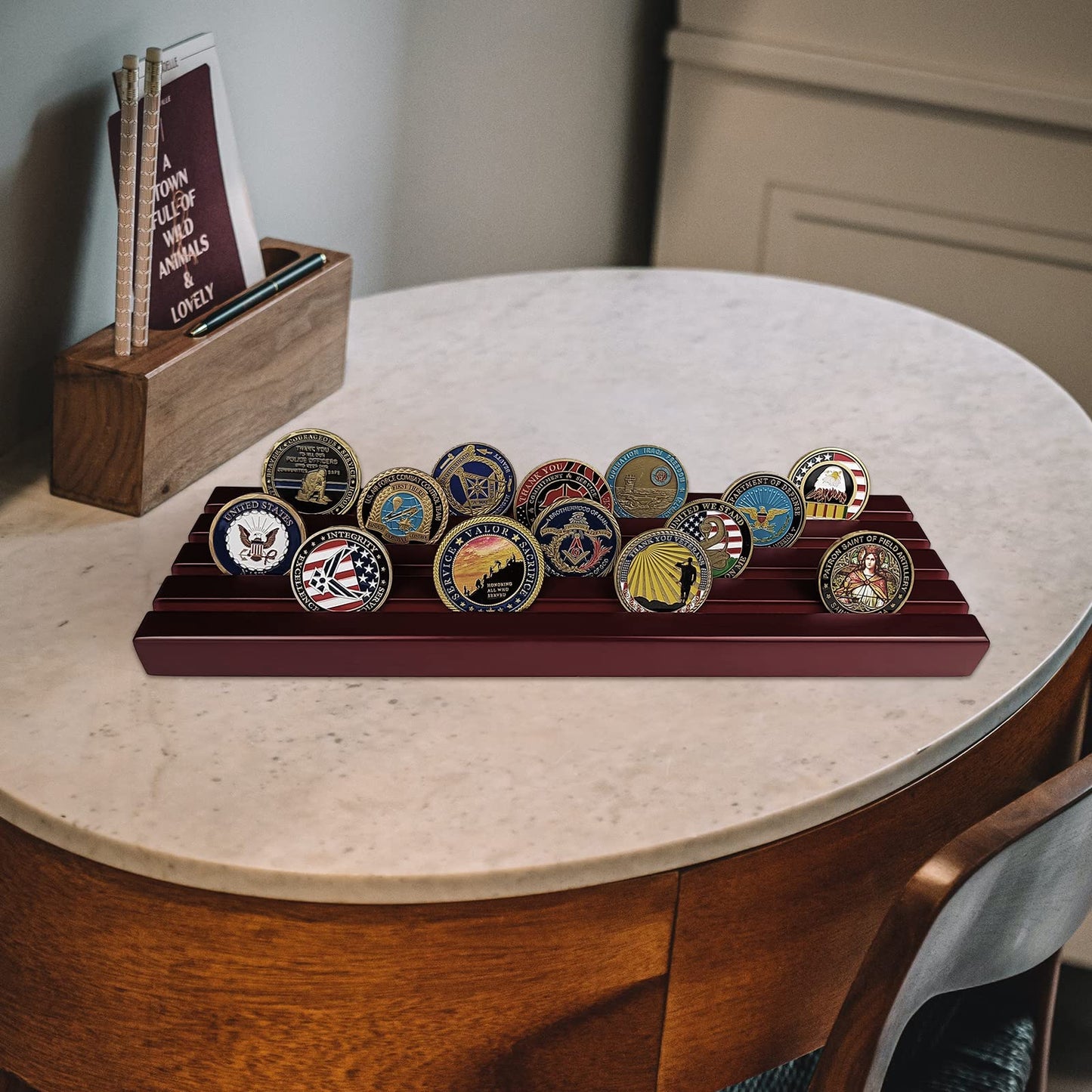 ASmileIndeep Military Challenge Coins Display Holder Solid Wood,Challenge Coin Stand Holds 30 Coins , 4 Row Military Coin Holder Rack for Desk,Challenge Coin Display Case for Collectors, Red