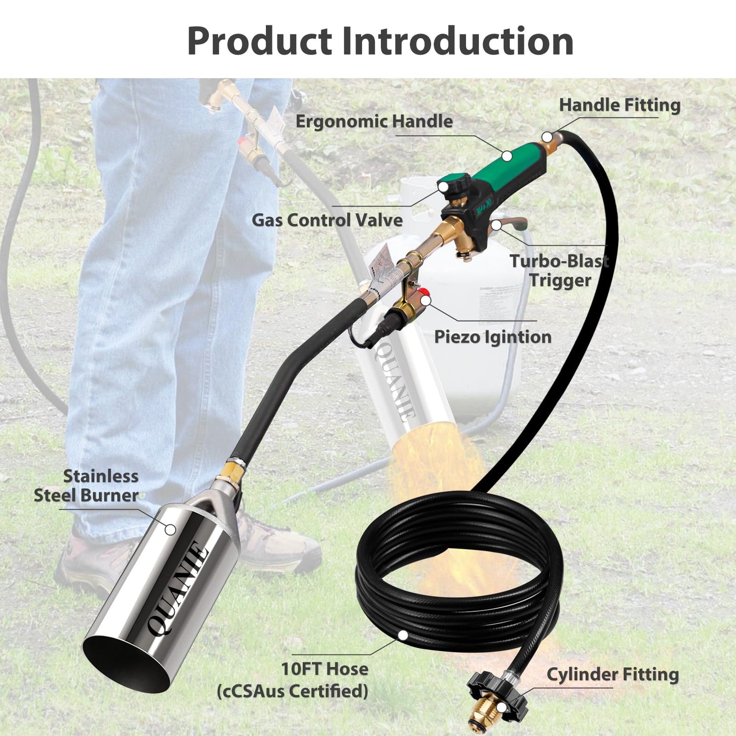 Propane Torch Burner Weed Torch High Output 1,800,000 BTU with 10FT Hose,Heavy Duty Blow Torch with Flame Control and Turbo Trigger Push Button Igniter,Flamethrower for Garden Wood Ice Snow Road(Green