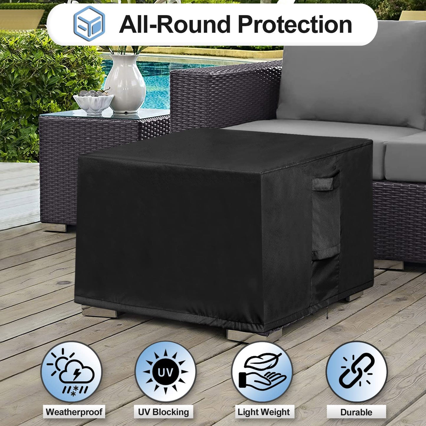 OutdoorLines Outdoor Waterproof Patio Ottoman Covers - Square UV-Proof Patio Side Table Cover Windproof Heavy-Duty Furniture Covering Protector 25L x 25W x 17H Inch, Black