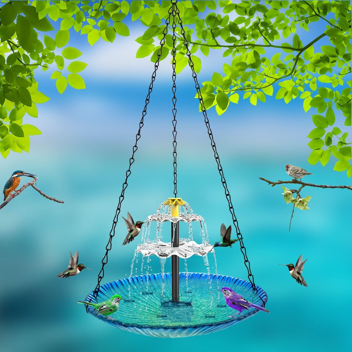 Hanging Bird Bath - Bird Bath Bowl with Solar Fountain Pump - Deck Mount Metal Bird Bath Bowl Powered by Water Fountain Pump for Outdoor Garden - Solar Powered Bird Bath Fountain