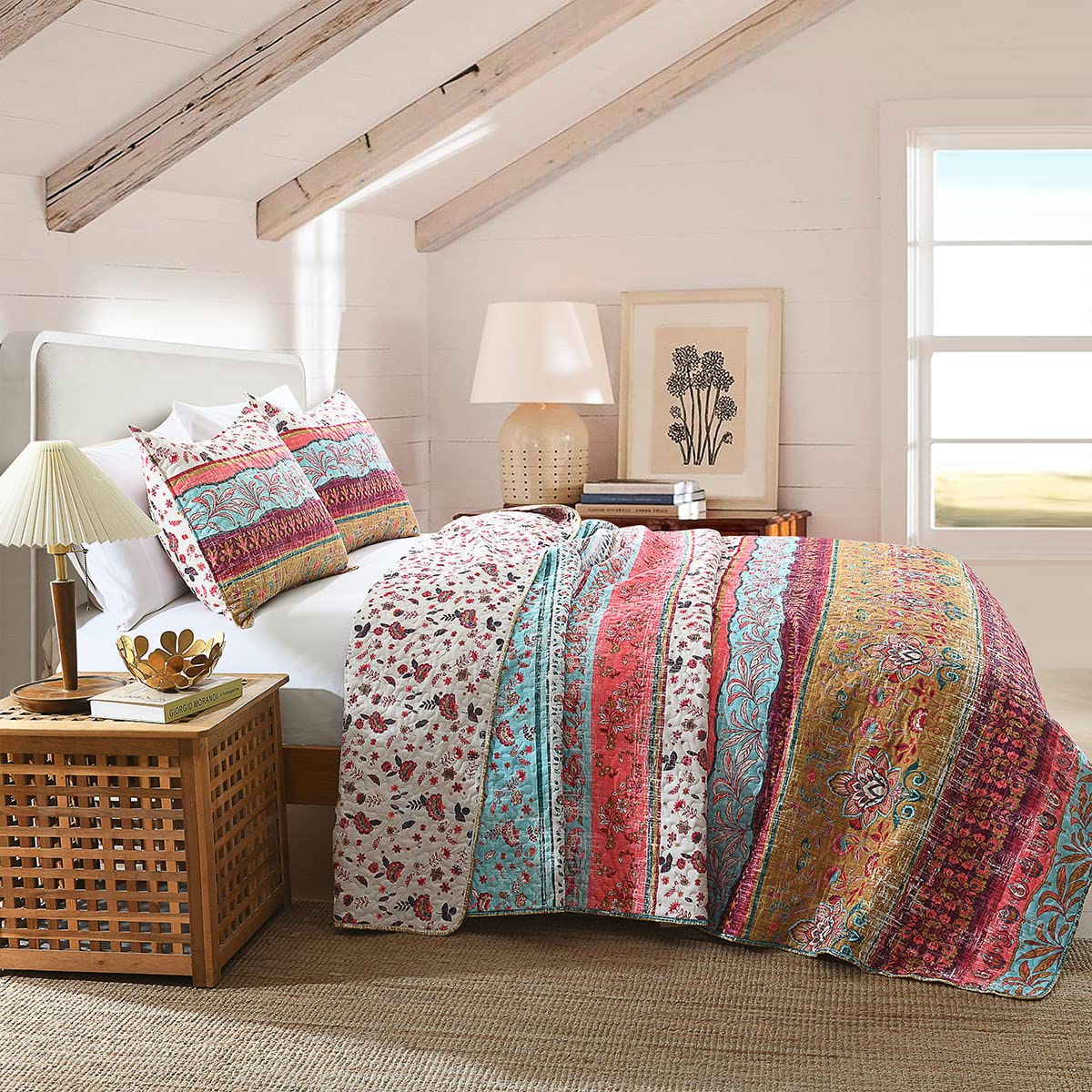 Boho Style Twin Size Quilt Set Reversible Bohemian Floral Strip Quilt Beddding Set, Soft and Lightweight Bedspread for All Season,XL Twin Bed Coverlet with 1 Matching Pillow Sham (2 Pieces)