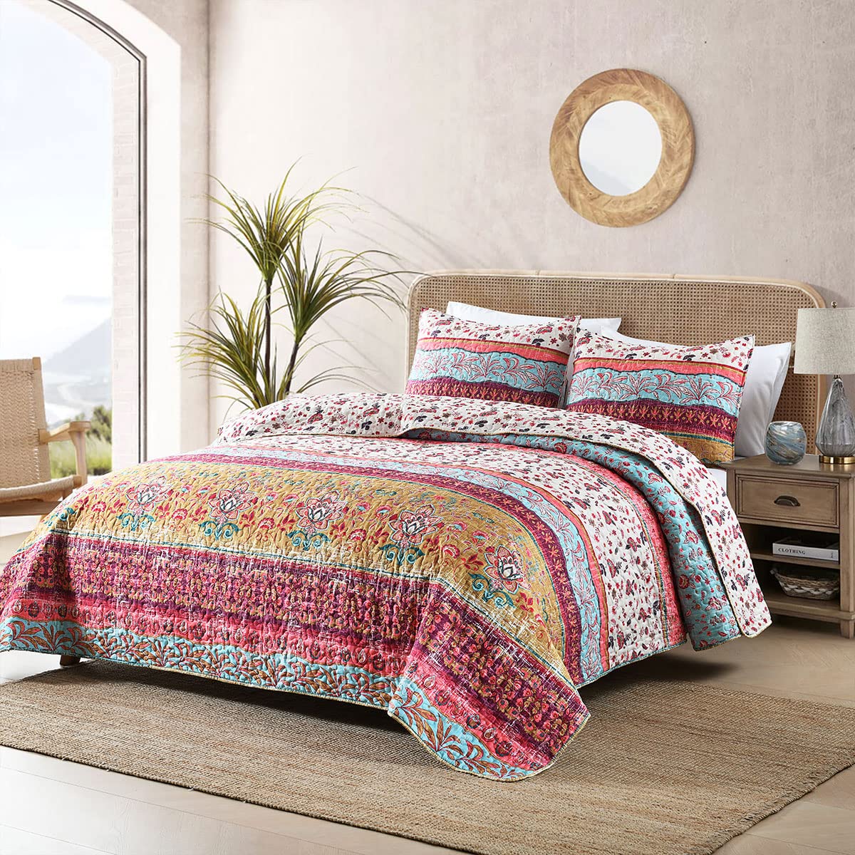 Boho Style Twin Size Quilt Set Reversible Bohemian Floral Strip Quilt Beddding Set, Soft and Lightweight Bedspread for All Season,XL Twin Bed Coverlet with 1 Matching Pillow Sham (2 Pieces)