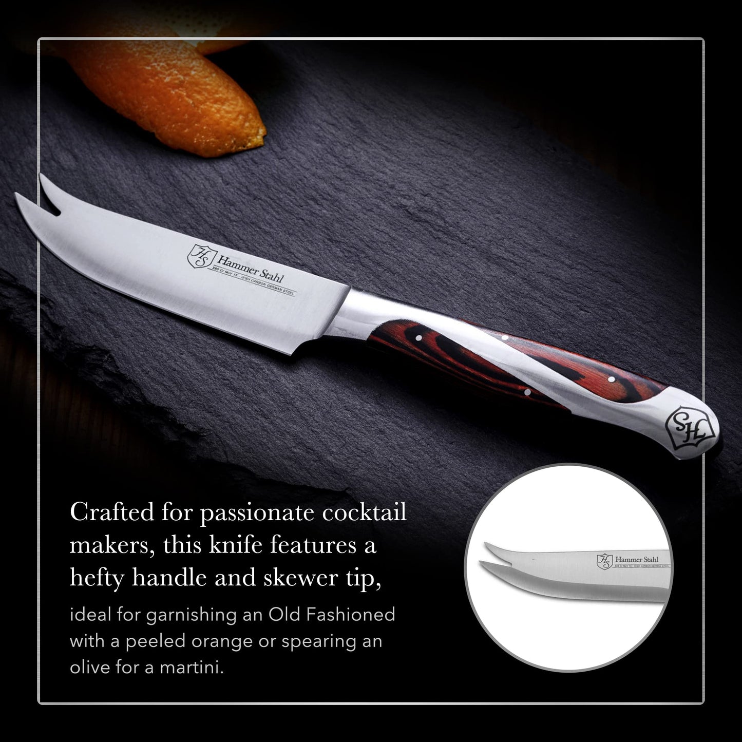 Hammer Stahl Bar Knife | Professional Bartender Knife for Garnishing, Cocktail Crafting & Citrus Peeling | High Carbon Stainless Steel Citrus Knife | Ergonomic Quad-Tang Pakkawood Handle & Gift Box