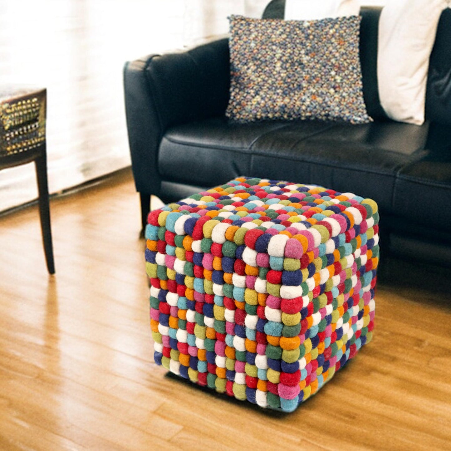 CLEENTABLE 15 Inches Multi Colored Cube Felt Ball Ottoman Pouf for Living Room, Bedroom and Kids Room