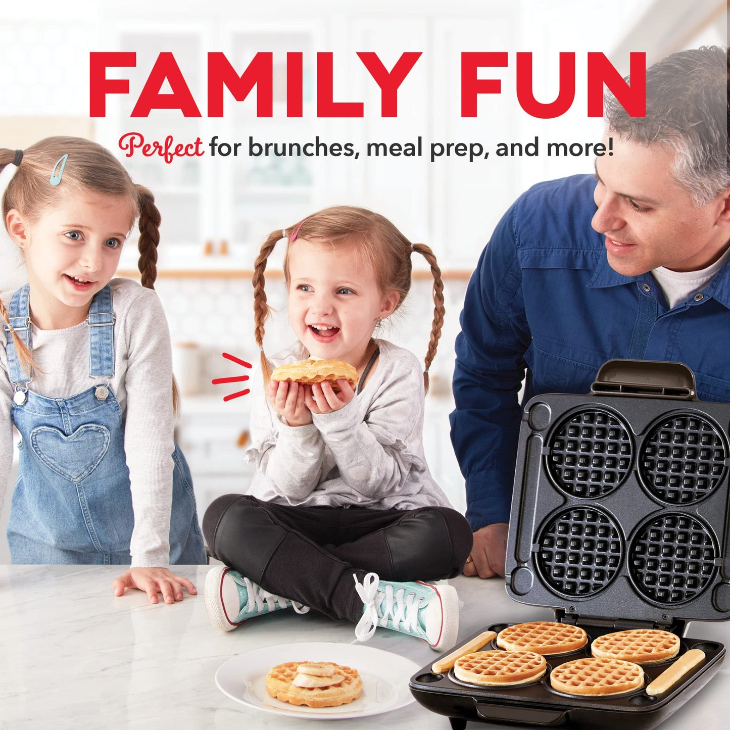 DASH Multi Mini Waffle Maker - Four 4” Waffle Molds, Nonstick Waffle Iron with Quick Heat-Up, PTFE Nonstick Surface - Perfect Mini Waffle Maker for Kids and Families, Just Add Batter