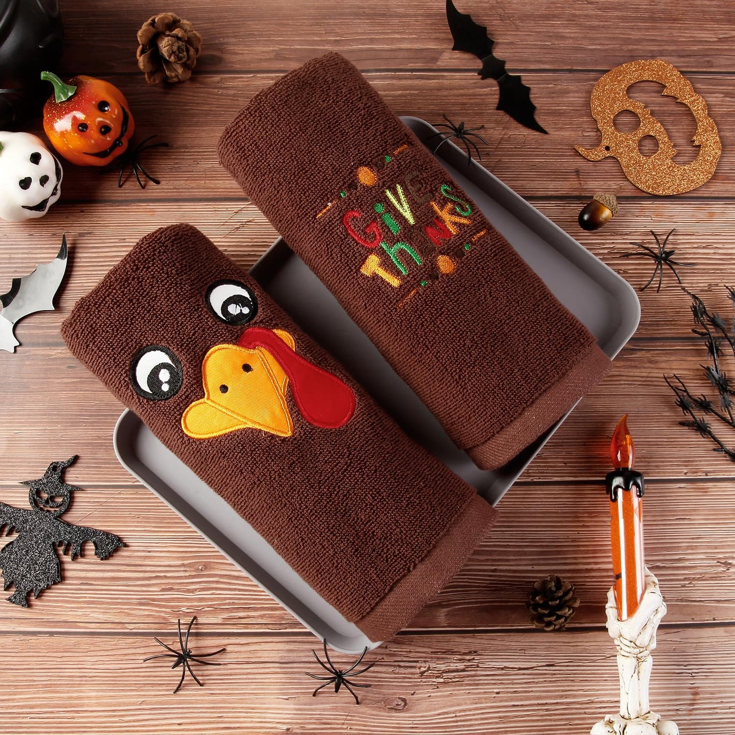 Quera 2 Pack Thanksgiving Hand Towels Turkey Embroidered Premium Luxury Decor Fall Bathroom Decorative Dish Set for Drying, Cleaning, Cooking, Autumn 13.7'' x 29.5'',Brown,Give Thanks.