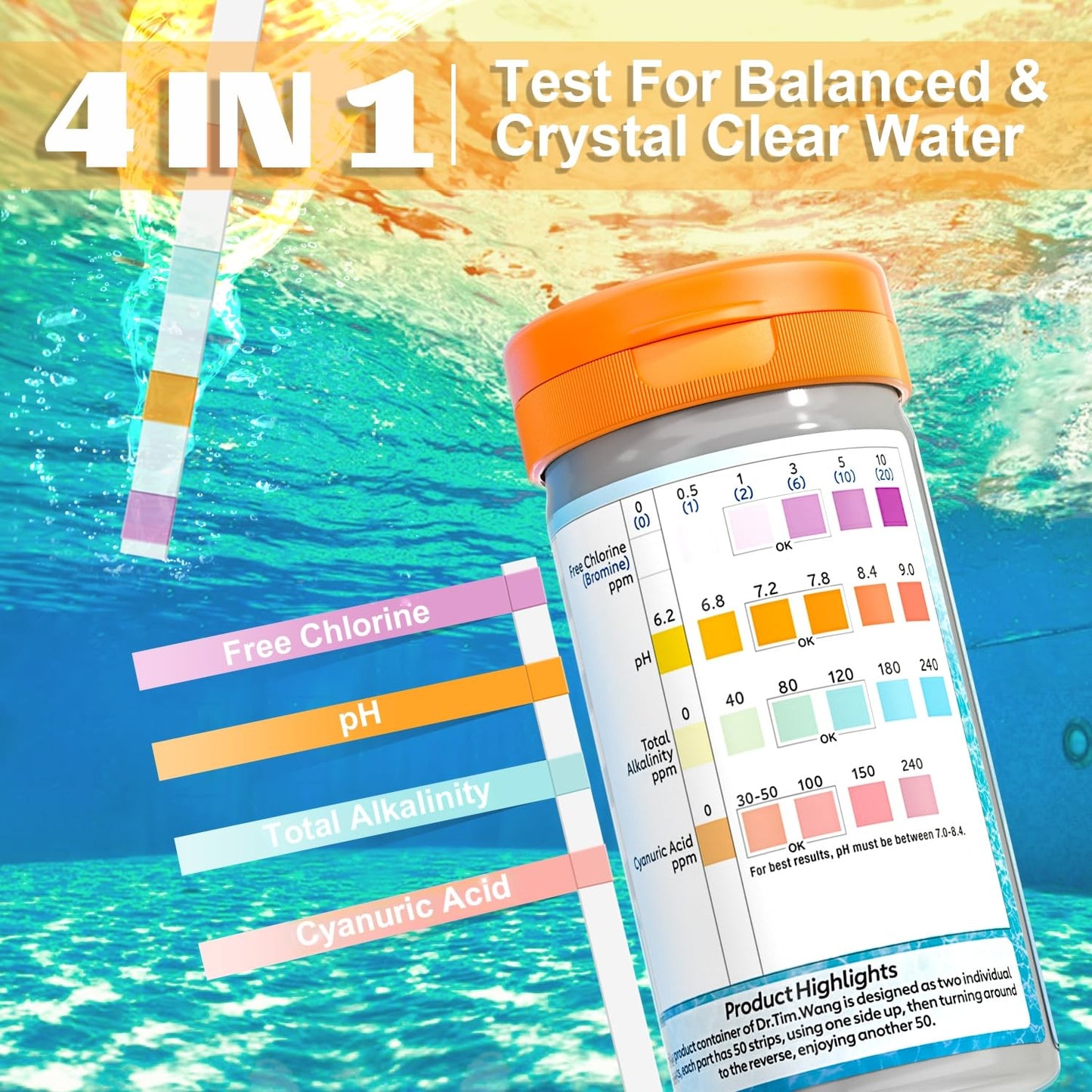 Dr.Tim.Wang Pool and Hot Tub Test Strips - Medical Grade Precision 4 in 1 Pool Water Test Kit - Testing pH Free Chlorine(Bromine) Total Alkalinity & Cyanuric Acid