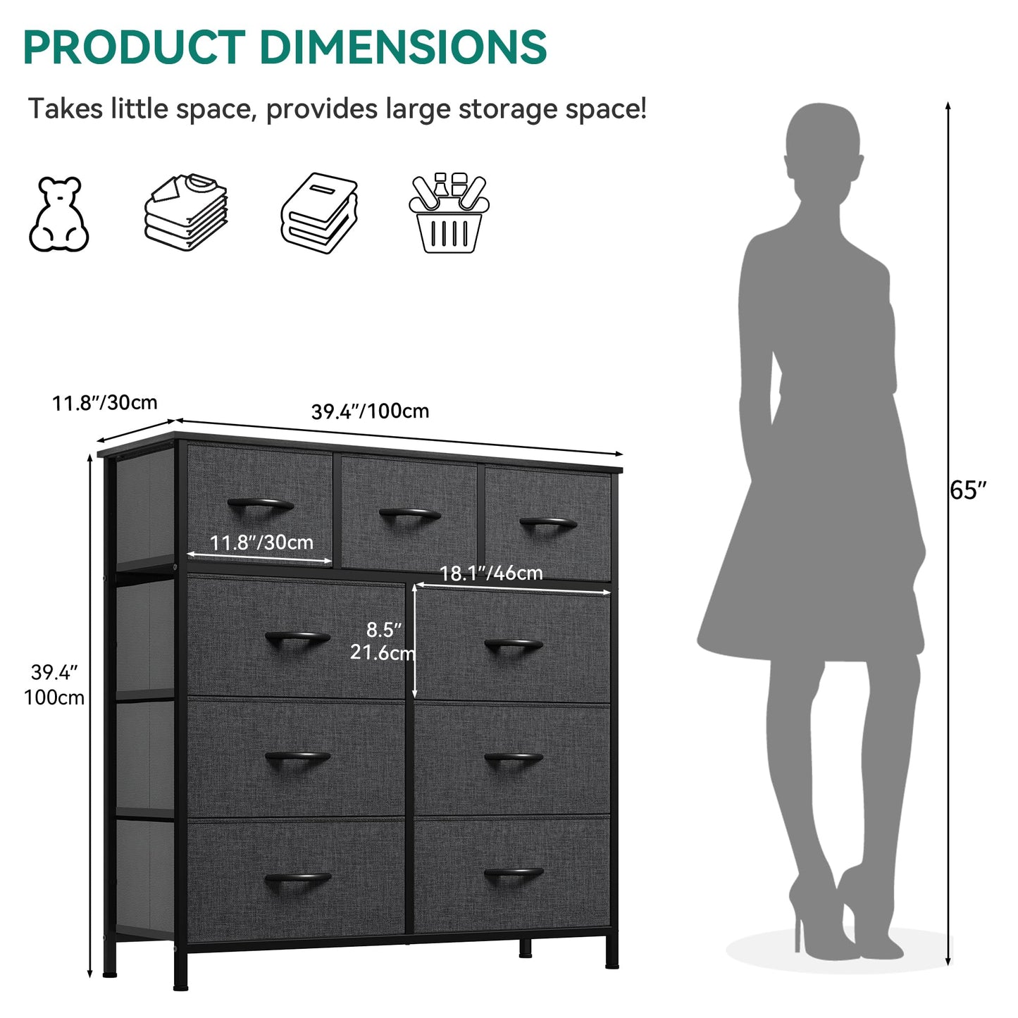 YITAHOME Dresser with 9 Drawers - Fabric Storage Tower, Tall Chest Organizer Unit for Living Room, Entryway with Sturdy Steel Frame, Wooden Top, Black Grey