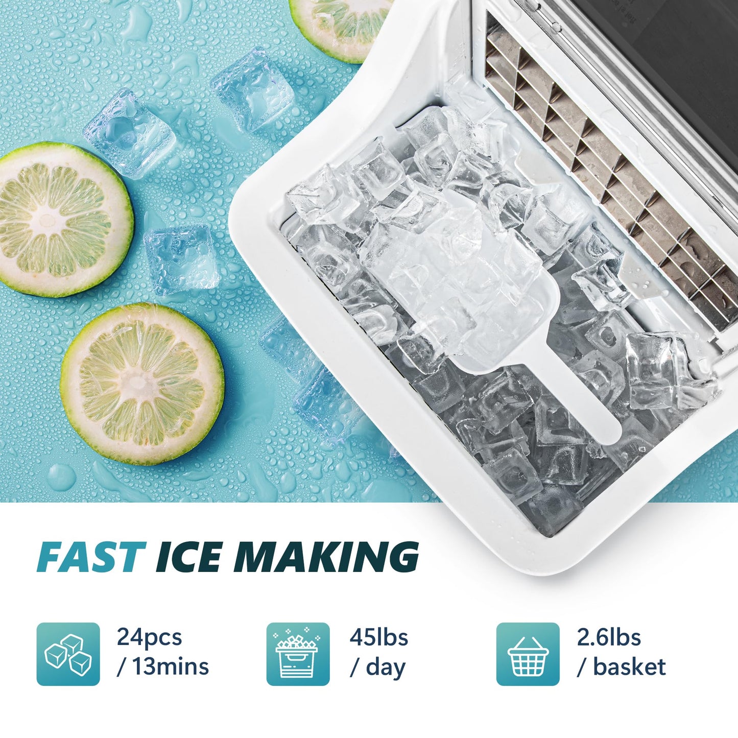 EUHOMY Ice Cube Maker Machine Countertop, 2 Ways to Add Water, 45Lbs/Day 24 Pcs Ready in 13 Mins, Self-Cleaning Portable Compact, with Ice Scoop & Basket, Perfect for Home/Kitchen/Office/Bar