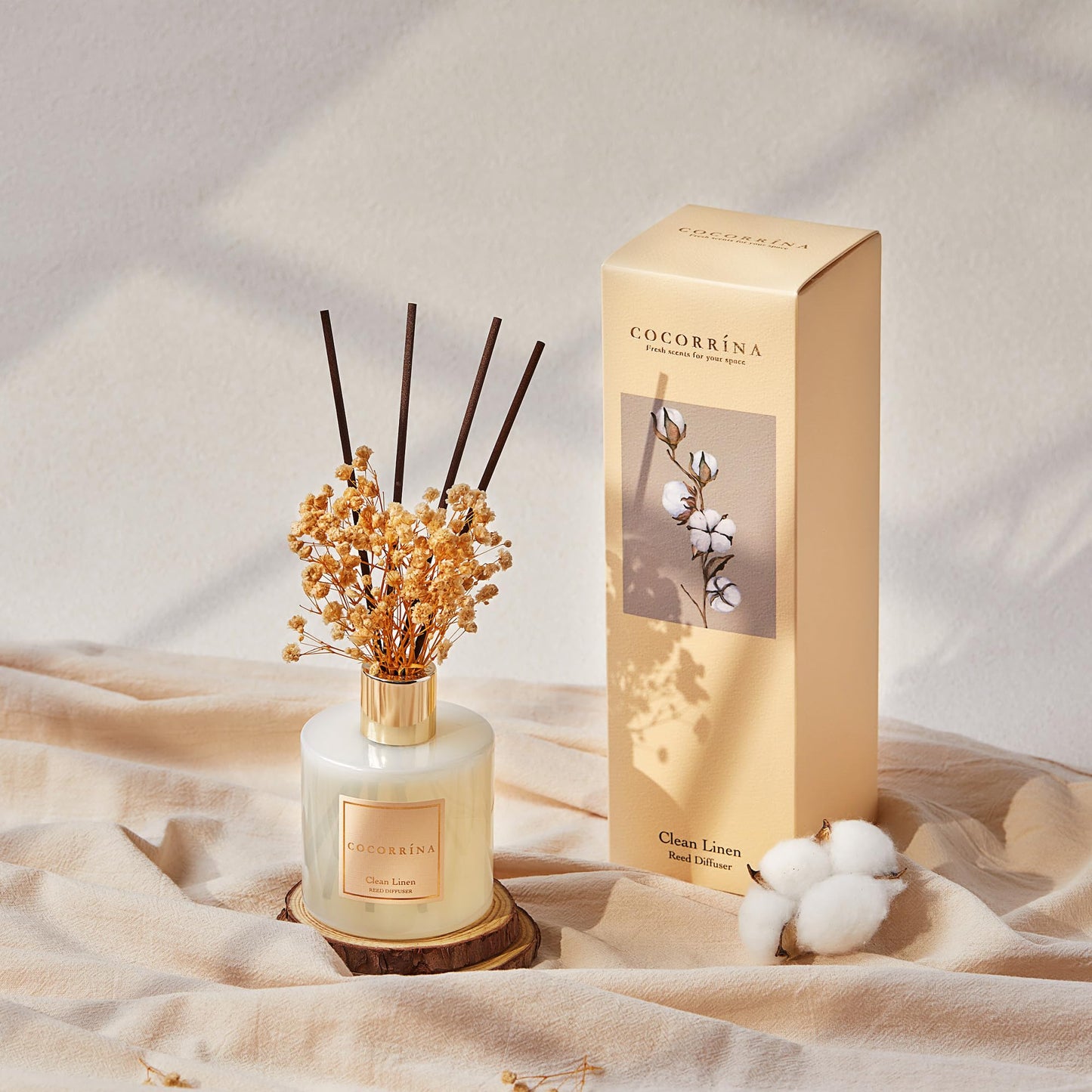 Cocorrína Reed Diffuser Set, 6.7 oz Clean Linen Scented Diffuser with Sticks Home Fragrance Reed Diffuser for Bathroom Shelf Decor