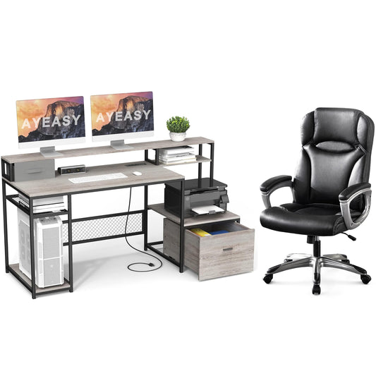 AYEASY 66'' Home Office Desks and Office Chair Set, Computer Desk with Storage with 350lbs Ergonomic Office Chair, Office Desk with PU Leather Gaming Computer Chairs, Work Desk with Executive Chair