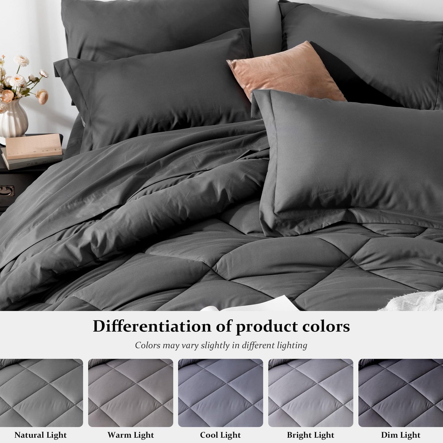 Newspin King Bed in a Bag 8 Pieces Comforter Set, Dark Grey All Season Bed Set, King Bedding Sets with Comforter and Sheets, Pillow Shams, Flat Sheet, Fitted Sheet, Pillowcases and Bed Skirt