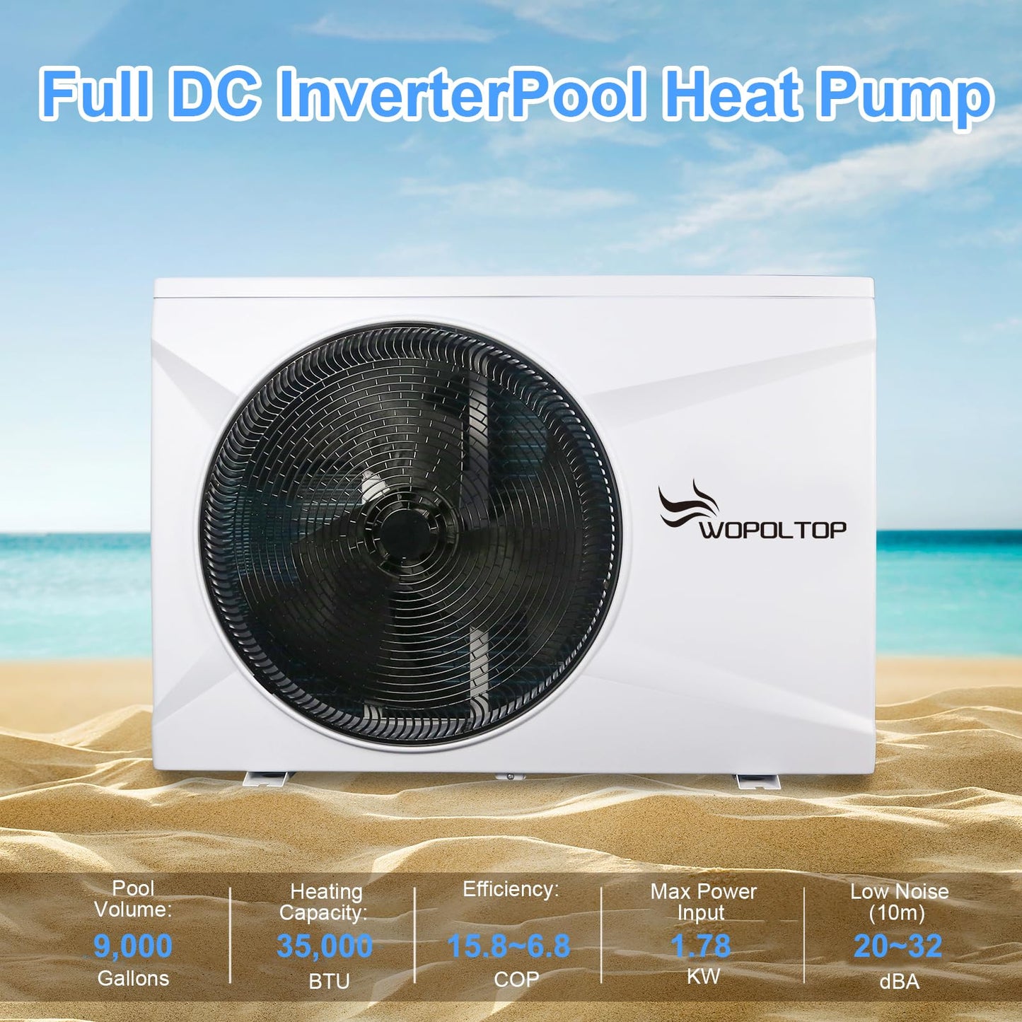 WOPOLTOP 35000 BTU Full DC Inverter Pool Heat Pump for Swimming Pools, Dual Function of Heating and Cooling, 10KW Electric Pool Heater with WiFi Smart Control via APP, 220-240V, up to 9000 Gallons