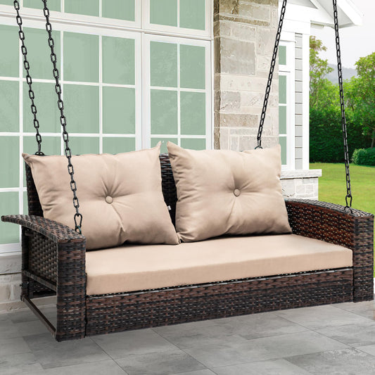 YITAHOME Wicker Hanging Porch Swing Chair Outdoor Brown Rattan Patio Swing Lounge w/ 2 Back Cushions Capacity 530lbs for Garden, Balcony, Living Room, Beige