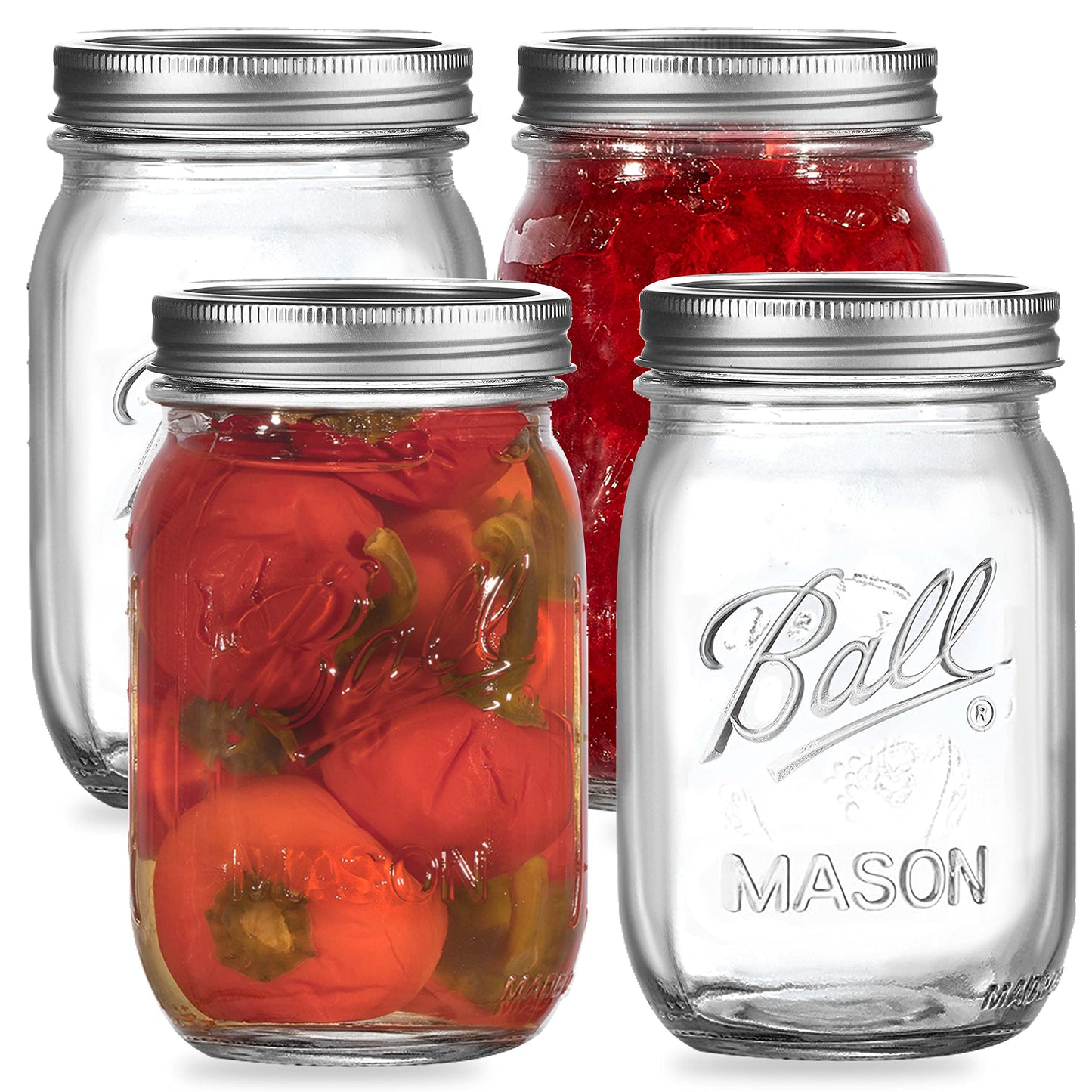 Regular Mouth Mason Jars 16 oz. (4 Pack) - Pint Size Jars with Airtight Lids and Bands for Canning, Fermenting, Pickling, Meal Prep, or DIY Decors and Projects Bundled with Jar Opener