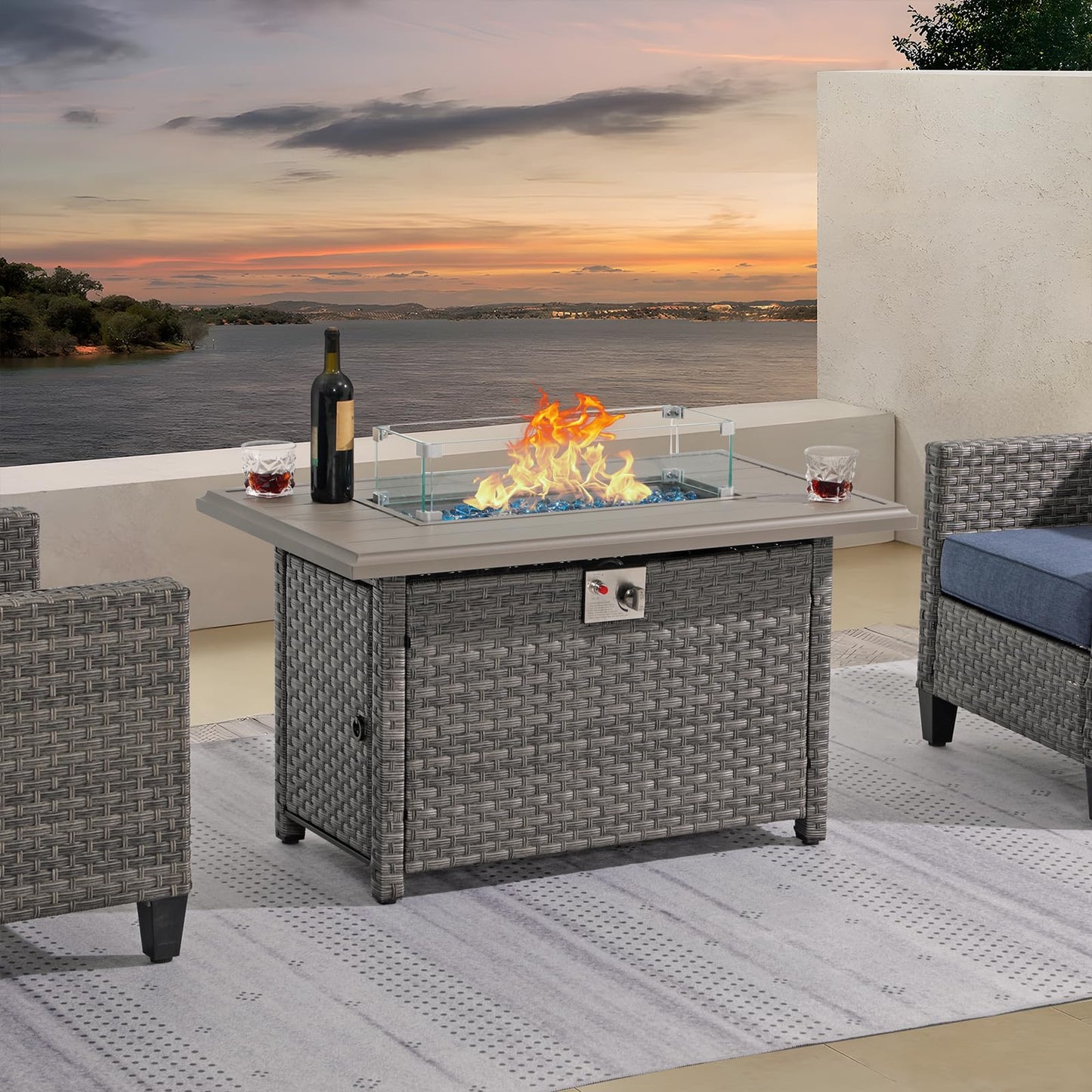 SUNSITT Outdoor Fire Pit Table 43 Inch Wicker Propane Fire Pit with Aluminum Tabletop 50,000 BTU Gas Firepit with Glass Wind Guard, Fire Glass, Lid, Cover, Taupe Rattan