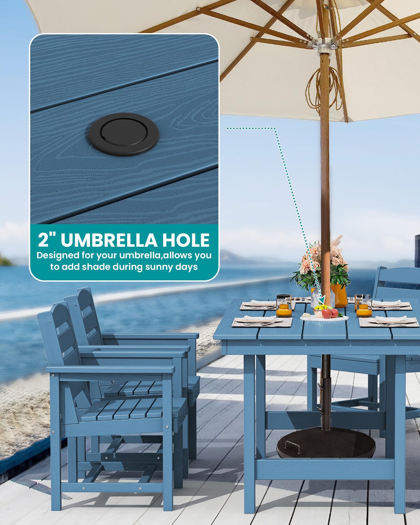 SERWALL 7-Piece Patio Dining Table Sets, Outdoor HDPE Dining Furniture Set with Umbrella Hole Cut-Out Table and 6 Chairs, Blue