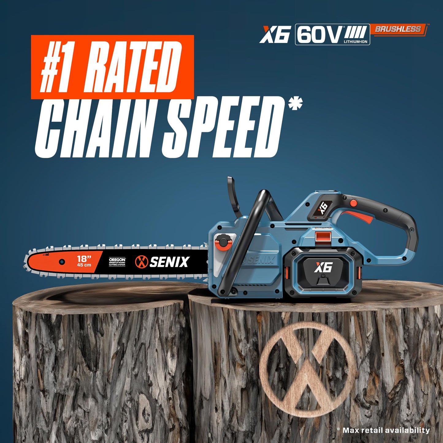 SENIX X6 60 Volt Max* 18-inch Cordless Chainsaw with Brushless Motor and Oregon Bar and Chain for Trees, Limbs, and Firewood, Auto Lubrication, Includes 4Ah Li-Ion Battery and Charger (CSX6-M1)