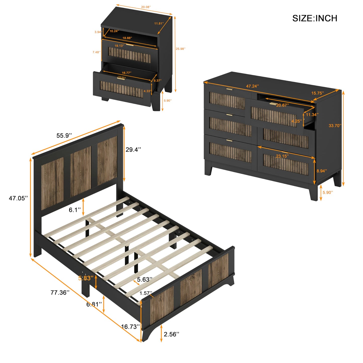 Harper & Bright Designs 4-Pieces Bedroom Sets, Full Size Platform Bed with 2 Nightstands and A 6-Drawer Dresser, Full Size Bedroom Set with Wooden Strip Decoration, Black