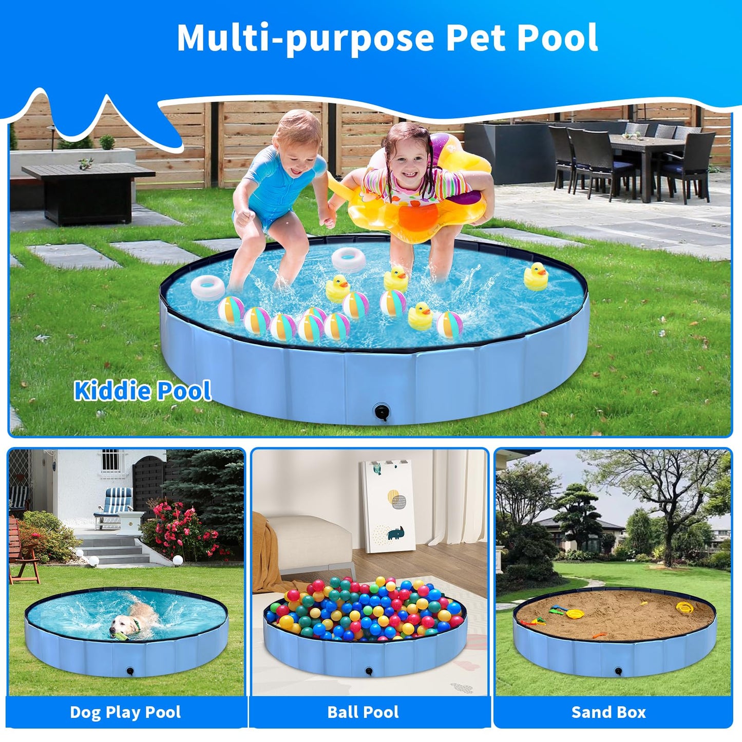 Thecvia Foldable Dog Pool with RGB Lights, Kiddie Pool for Toddlers 1-3, 64" Blue Pet Bathing Tub, Swimming Pool for Kids, Collapsible Kids Pool for Backyard, 1 2 3 4 5 6 7 8 12+ Years Old Toddler Toy