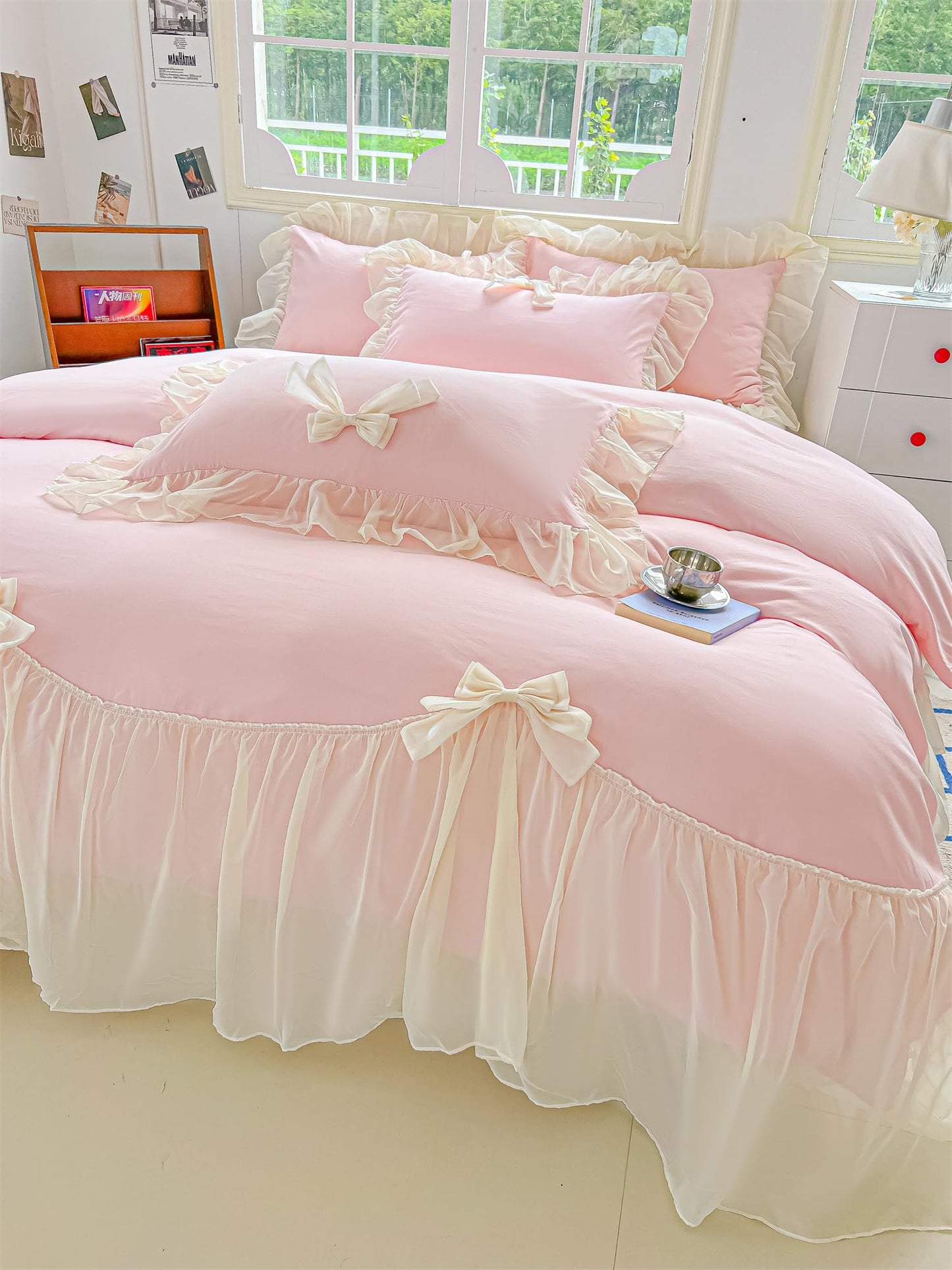 SOUKECHY Girls Lace Bedding,Pink Full Comforter Cover Set, Chic Ruffled Duvet Cover with Lovely Bow,Princess Style 1 Duvet Cover with 2 Pillowcases, No Comforter-Pink,Full Size