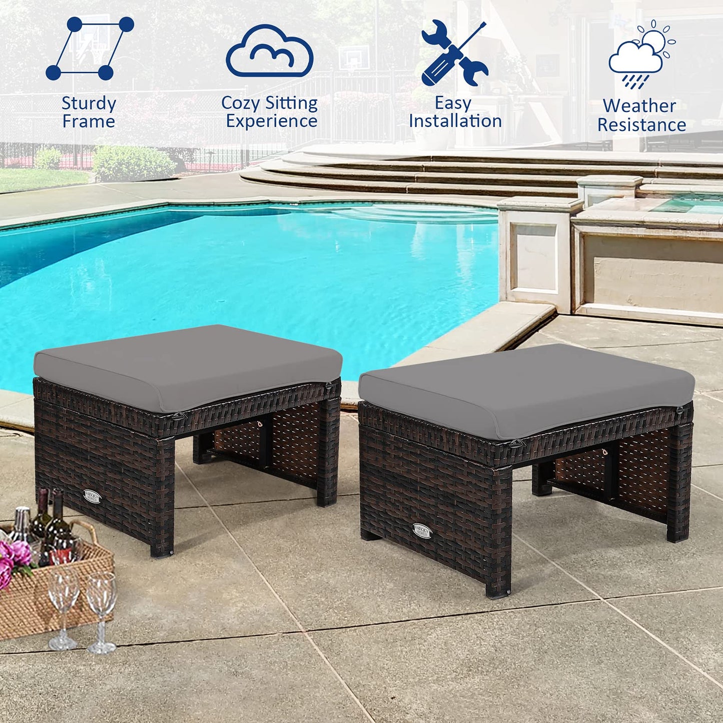 Tangkula 2 Pieces Patio Rattan Ottomans, All Weather Outdoor Footstool Footrest Seat with Soft Cushion, Hidden Zipper, High-Density Sponge, Wicker Ottoman Seat for Patio, Garden, Poolside (Grey)