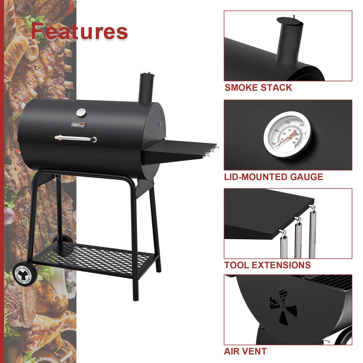 Royal Gourmet CC1830 30 Barrel Charcoal Grill with Side Table, 627 Square Inches, Outdoor Backyard, Patio and Parties, Black