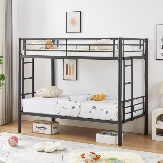 VECELO Metal Bunk Bed Twin Over Twin, Industrial Bunkbeds with Ladder and Full-Length Guardrail, Noise Free, No Boxing Spring Needed, Black