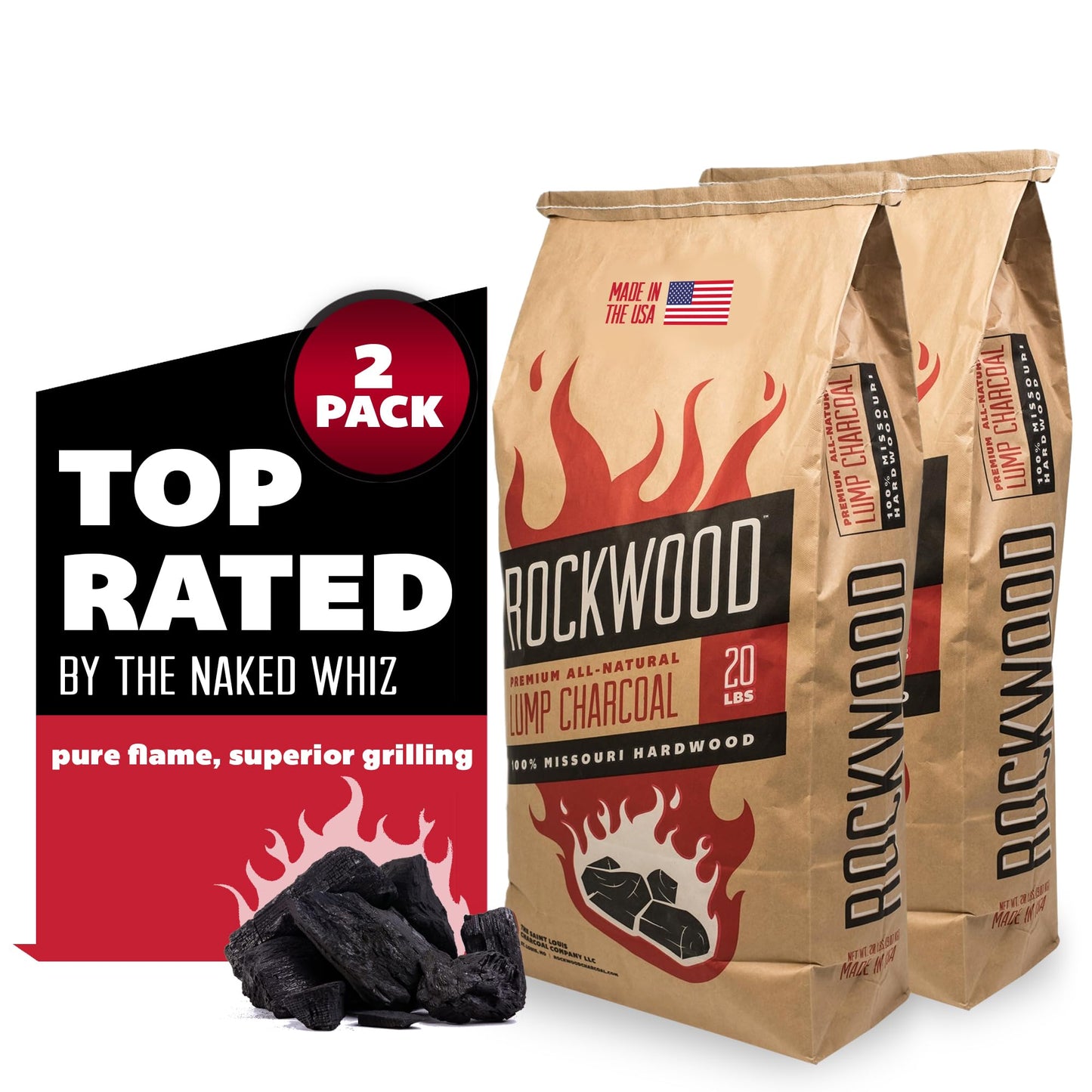 Rockwood Natural Hardwood Lump Charcoal - 20 Lbs Lump Charcoal for Grilling & Smoker - USA Oak, Hickory, and Cherry Wood Mix - BBQ Charcoal - Charcoal for Grilling - No Fillers (2 Packs)