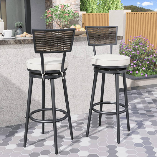 TOP HOME SPACE Patio Bar Stools Outdoor Swivel Bar Height Stool Chairs Set of 2 with Rattan Back Round Seat for Deck Porch Backyard, 29.7" Seat Height