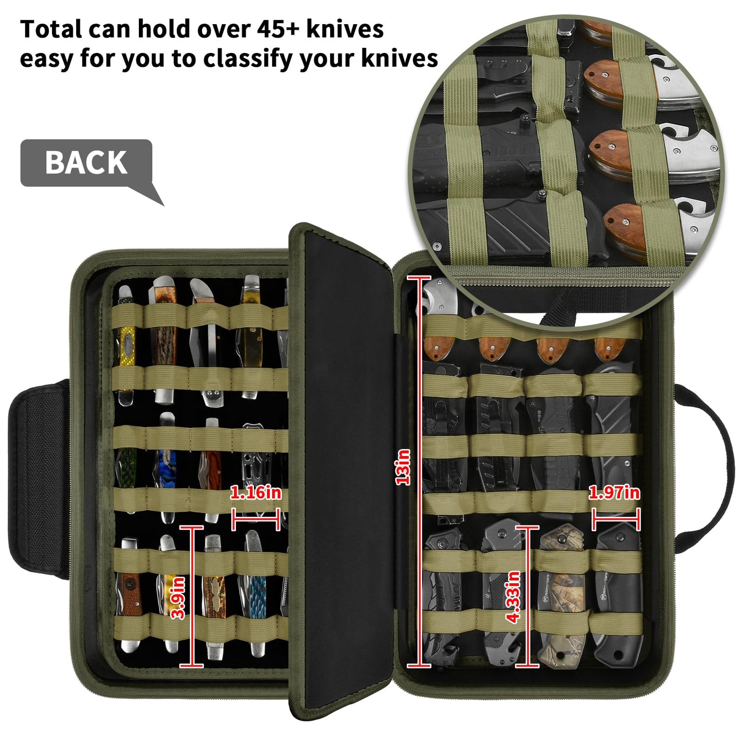 Knife Display Case for 56+ Pocket Knife, Folding Knives Storage Holder, Knife Collection Carrying Box for Tactical, Hunting, EDC, Survival, Camping, Mini Knives, Butterfly Knife Organizer（Green