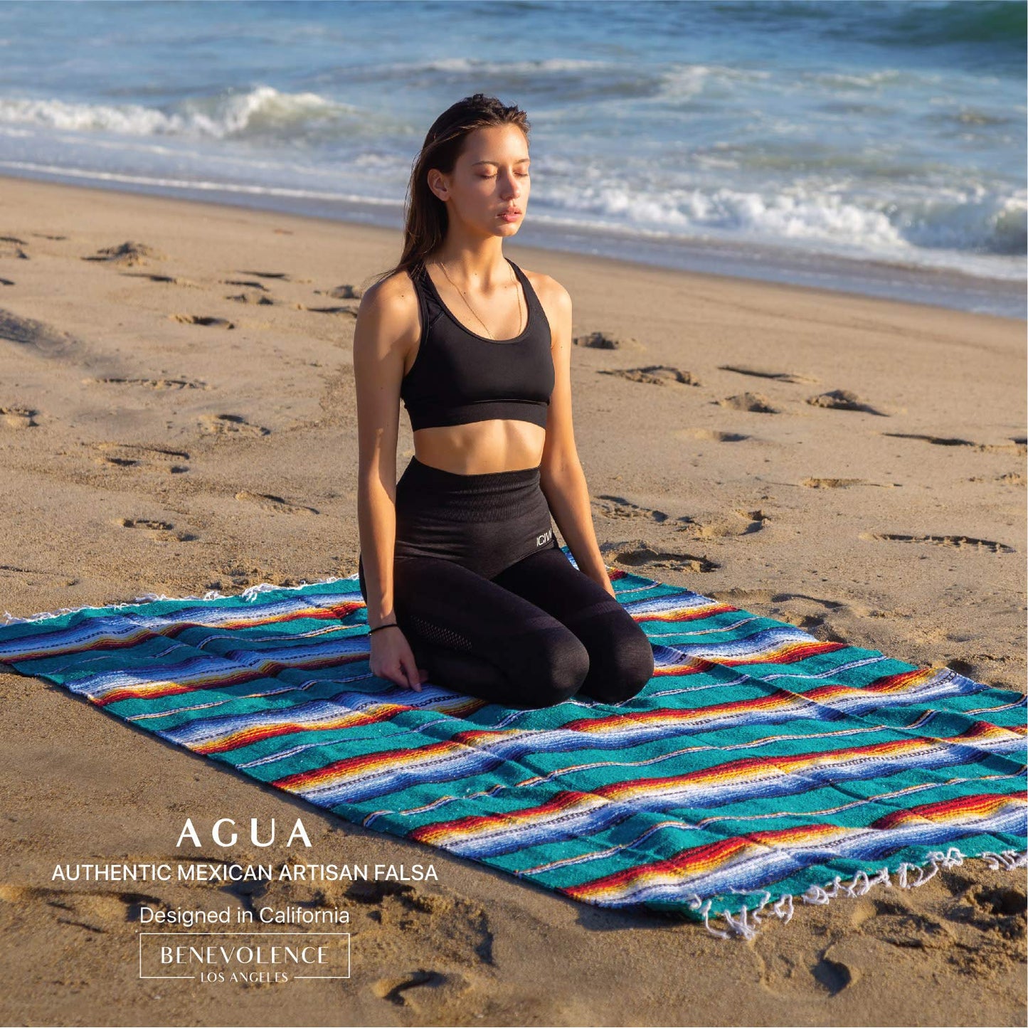 Benevolence LA Mexican Blanket, Authentic Handwoven Yoga Blanket & Outdoor Blanket, Made by Traditional Mexican Artisans, Saddle Blanket, Beach Blanket, Picnic Blanket, & Car Blanket 75 x 52 - Agua