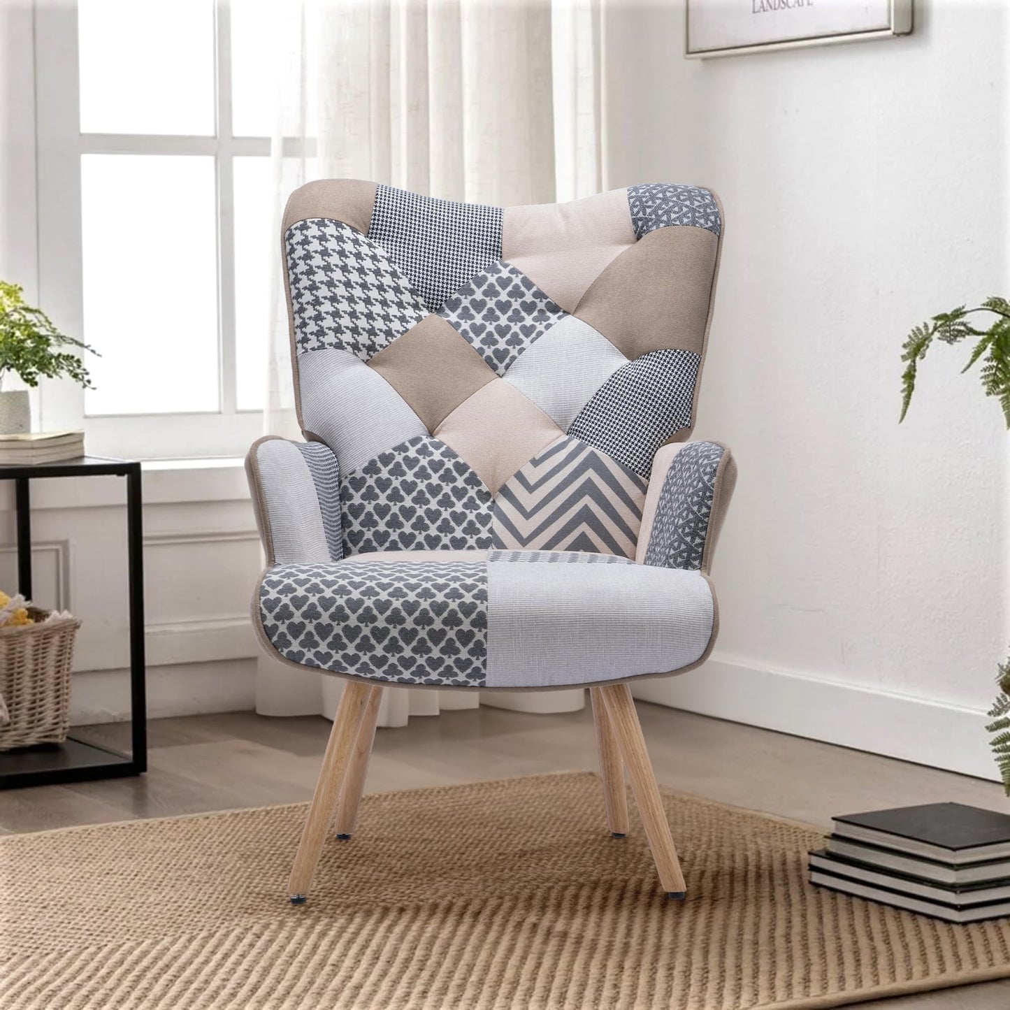 SumKea Patchwork Panache Upholstered Armchair Elegant, Cozy Accent Chair for Living Room, Bedroom, Office Decor, with Unique Multicolor Design, Grey Plaid