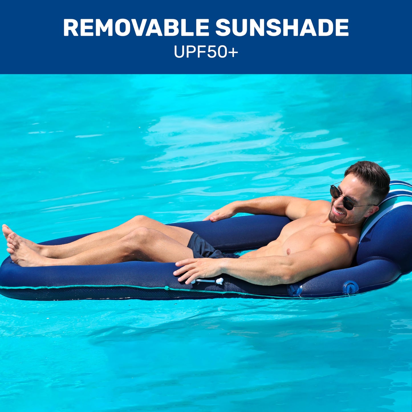 Aqua Oversized Ultimate Pool Lounger, Inflatable Pool Float with UPF 50 Sunshade Canopy, Heavy Duty, X-Large, Navy/Aqua/White Stripe