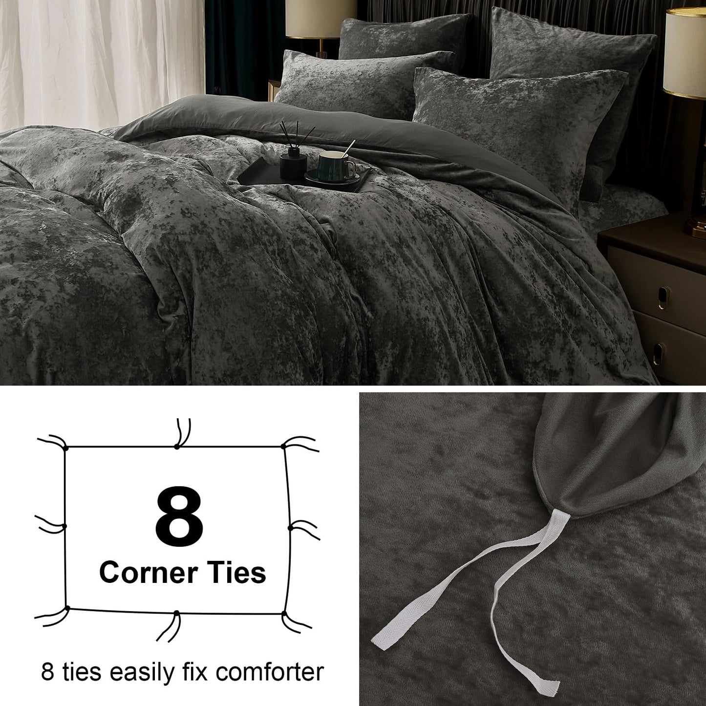 PHF Truly Velvet Duvet Cover Set California King Size, 3pcs Ultra Soft Breathable Comforter Cover Set, Luxury Cozy Flannel Duvet Cover with Pillow Shams Bedding Collection, 104" x 98", Dark Grey