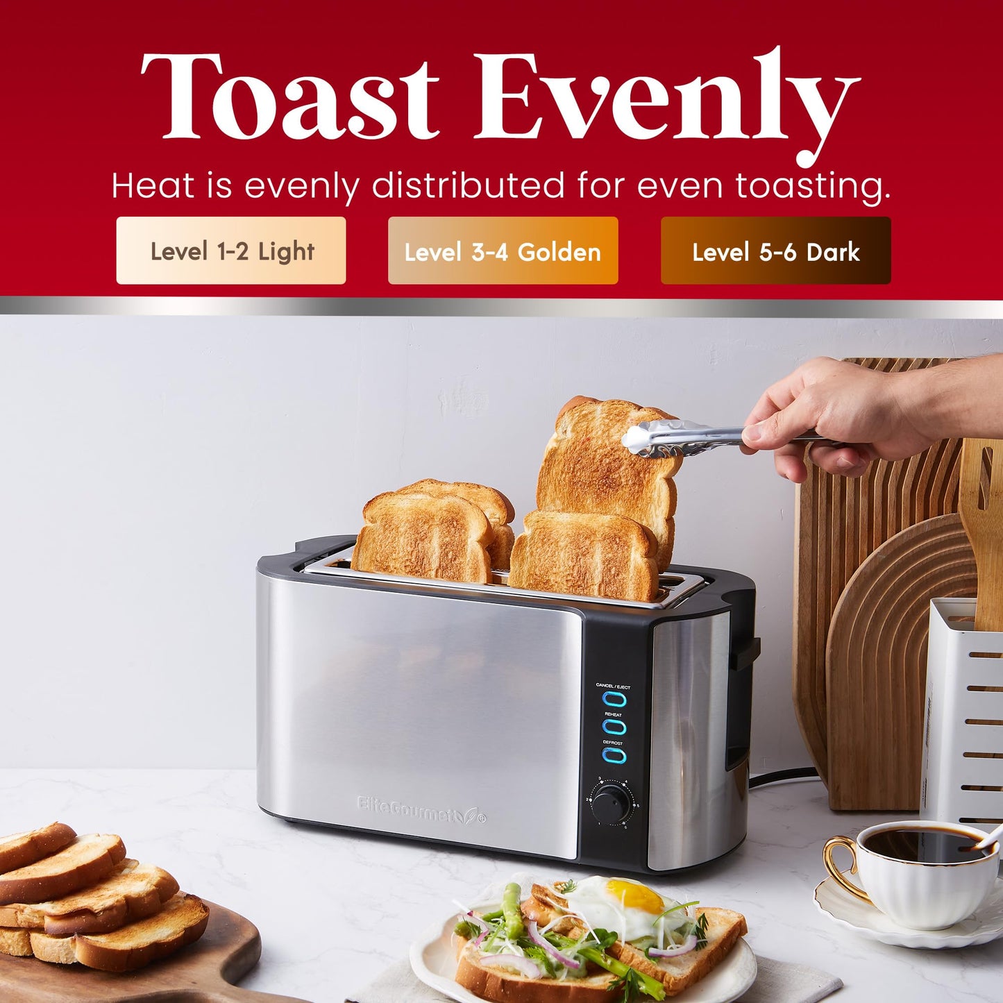 Elite Gourmet ECT-3100 Long Slot 4 Slice Toaster, Reheat, 6 Toast Settings, Defrost, Cancel Functions, Built-in Warming Rack, Extra Wide Slots for Bagels & Waffles, Stainless Steel & Black