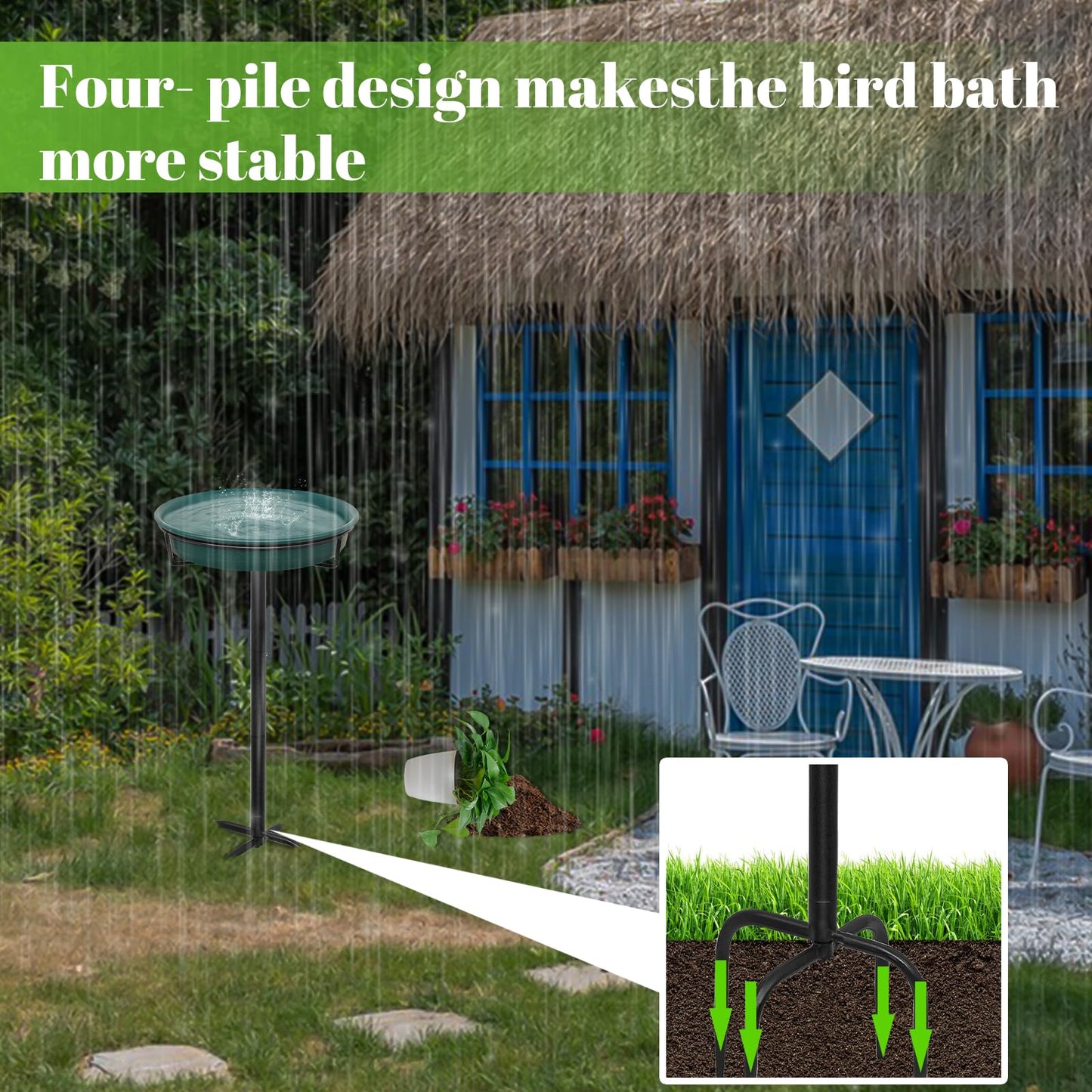 YALINKA 28In Freestanding Birdbaths Bowl Outdoor, Standing Garden Bird Bath Bird Feeder Bowl with Metal Stake, Detachable Decoration Spa Birdfeeder for Garden Patio Yard Lawn, 4 Spiky Feet (D)