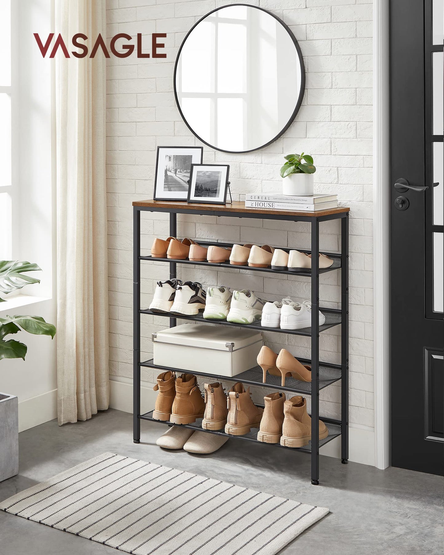 VASAGLE Shoe Rack for Entryway, 5 Tier Shoe Storage Shelves, 16-20 Pairs Shoe Organizer, with Sturdy Wooden Top and Steel Frame, Free Standing, Industrial, Rustic Brown and Ink Black ULBS038B01