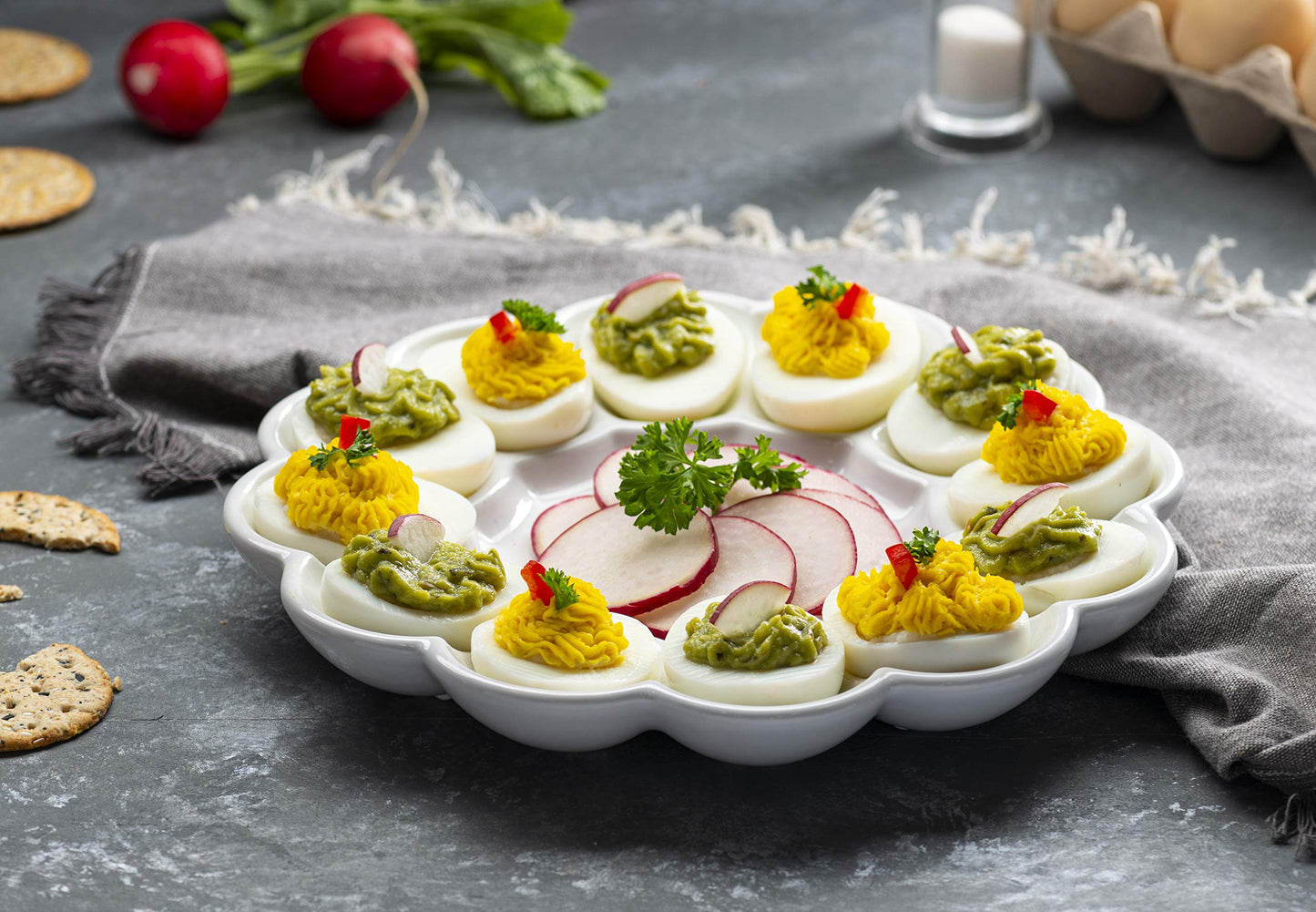 KooK Deviled Egg Platter Tray, Ceramic Easter Egg Holder, Holds 12 Eggs, Ceramic Dish, Display Holder, Dishwasher Safe, Microwave Safe, freezer Safe, Sleek, 10 Inch Diameter, White