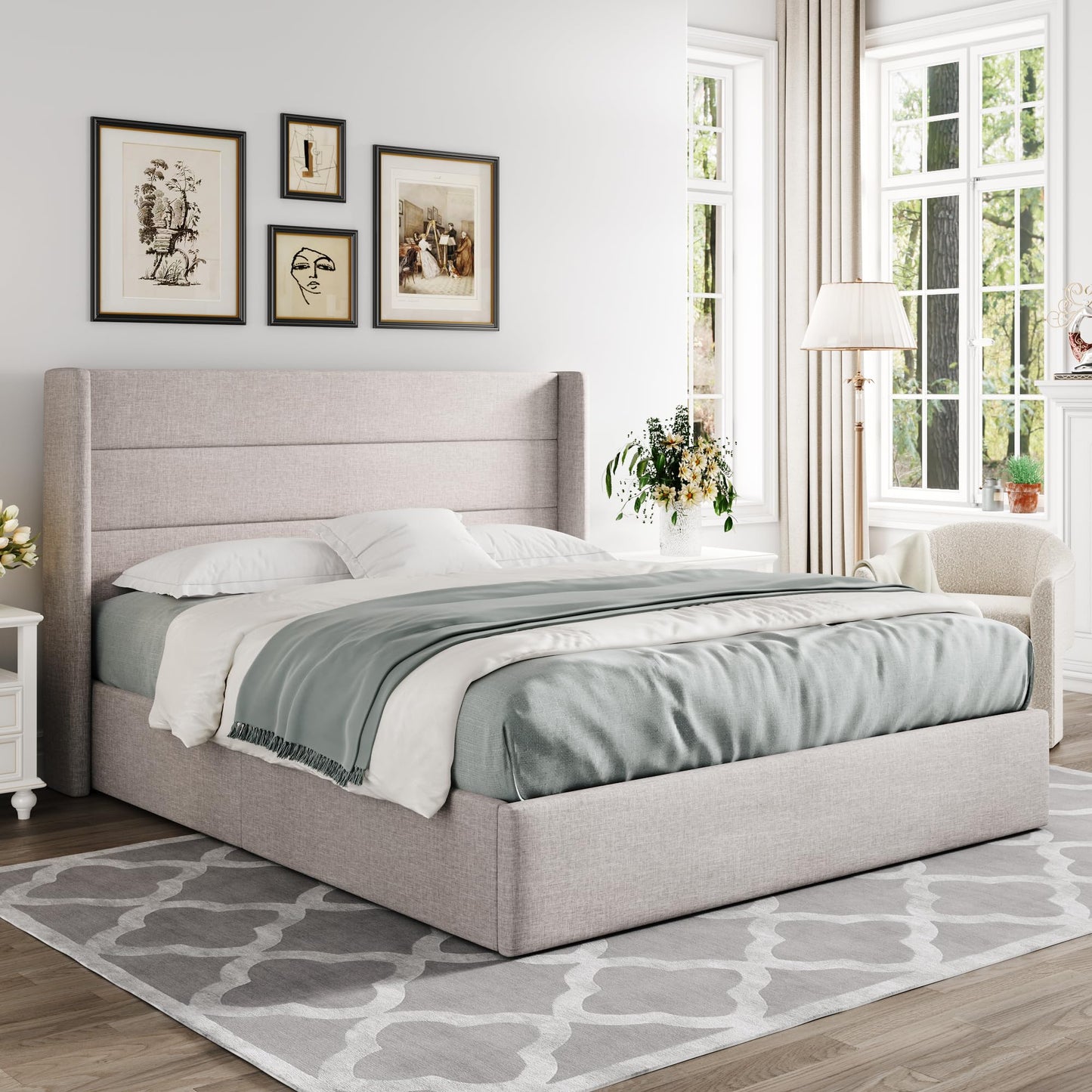 Allewie Full Size Lift Up Storage Bed, Modern Wingback Headboard, No Box Spring Needed, Hydraulic Storage, Light Beige