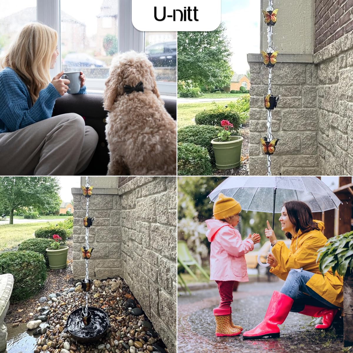 U-nitt Rain Chains for Gutters | Rainwater Catcher & Diverter | 8.5 FT Metal Black Rain Chain | Powder Coated, Farmhouse Bucket, Golden | Roof Gutter Chain Downspout | DIY Rain Chain Installation Kit