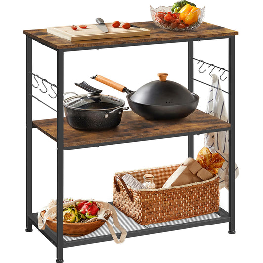 VASAGLE Baker s Rack, Kitchen Shelf, Kitchen Island, Microwave Oven Stand with 3 Open Shelves, 6 Hooks, Metal Frame, 15.7 x 31.5 x 35.4 Inches, Industrial, Rustic Brown and Black UKKI002B01