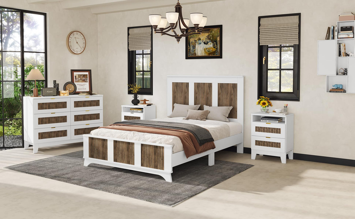 Harper & Bright Designs 4-Pieces Bedroom Sets, Full Size Platform Bed with 2 Nightstands and A 6-Drawer Dresser, Full Size Bedroom Set with Wooden Strip Decoration, White