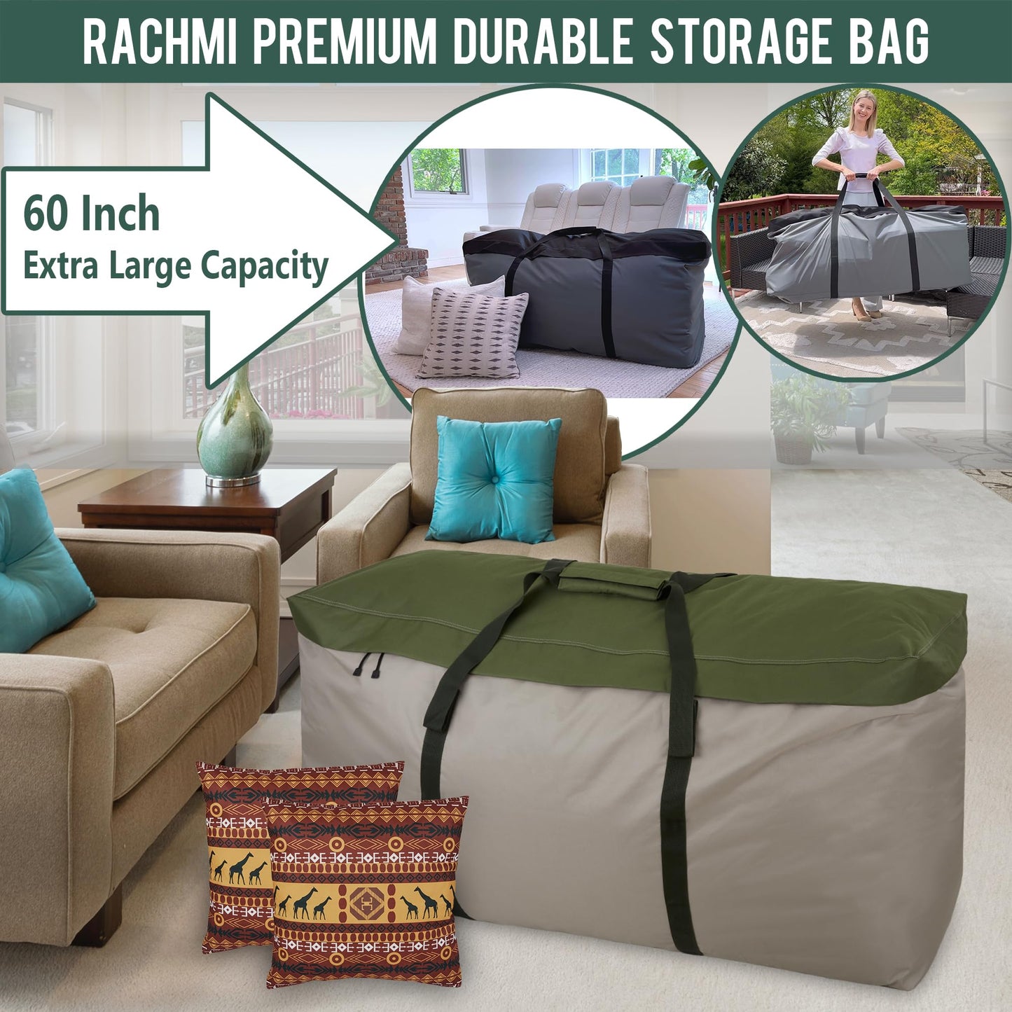 Rachmi 2 Pack Cushion Storage Bag (152 Gal x2) 60 Inch with Zipper & Padded Handle, Outdoor Oversized Heavy Duty 600D Water-resistant Moving Bag, (60"Wx20"Dx29"H, Extra Large)