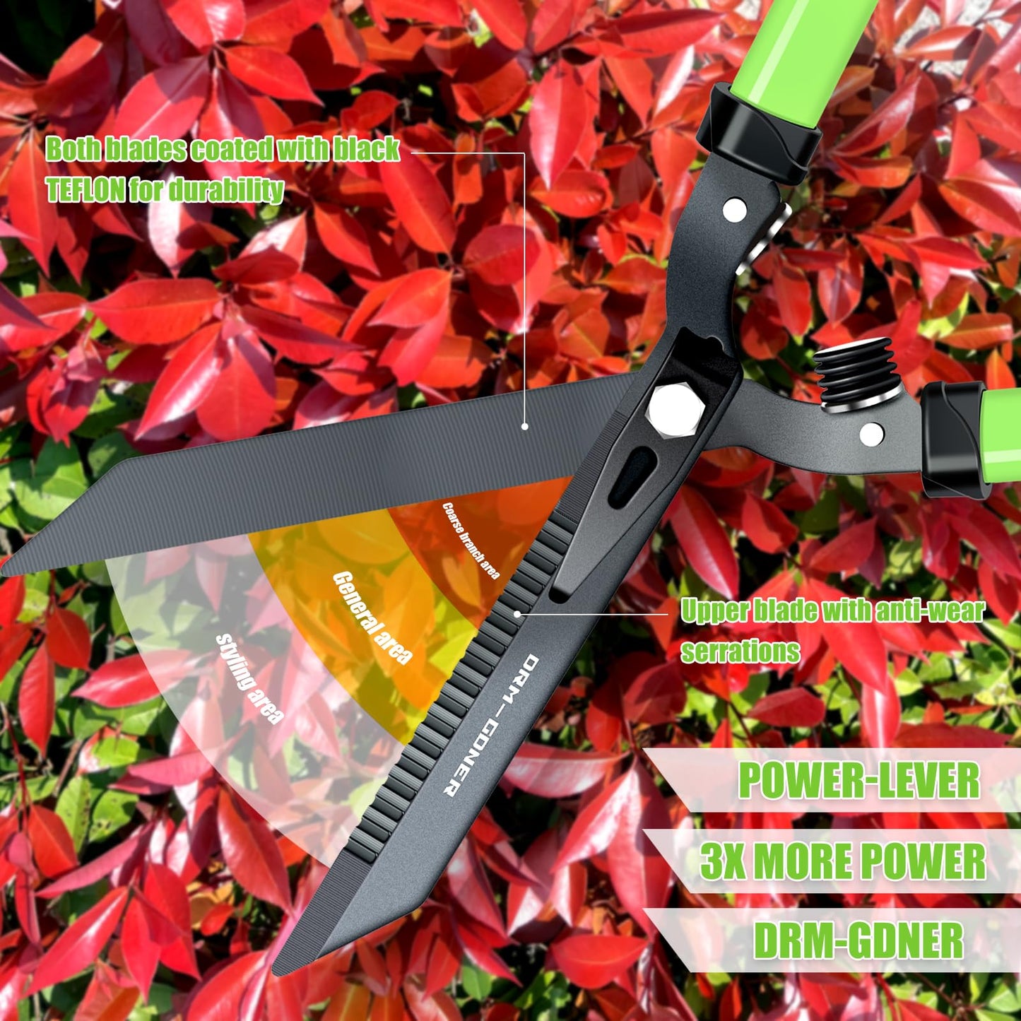 DRM-GDNER Garden Hedge Shears Heavy Duty,23" Manual Hedge Clippers with New Tech Serrated Blade & Dual Shock Absorbing Cushion,Shears Gardening Tools for Pruning Borders&Shrubs,Green/Black