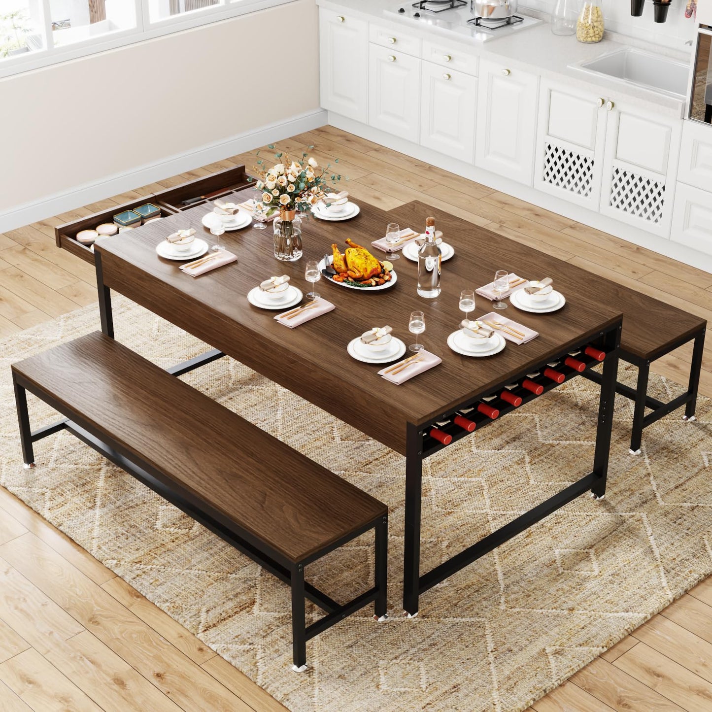 Loomie 63" Dining Table Set for 4-6, 3-Piece Kitchen Table with 2 Utensil Drawers, 2 Benches & Wine Rack, Modern Space Saving & Heavy Duty Dinner Table Set with Metal Frame & MDF Board,Walnut